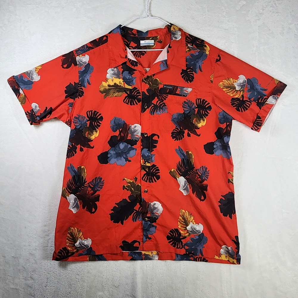 Columbia Mens XL Floral Camp Shirt Button‎ Up Short Sleeve Omni Wick Casual